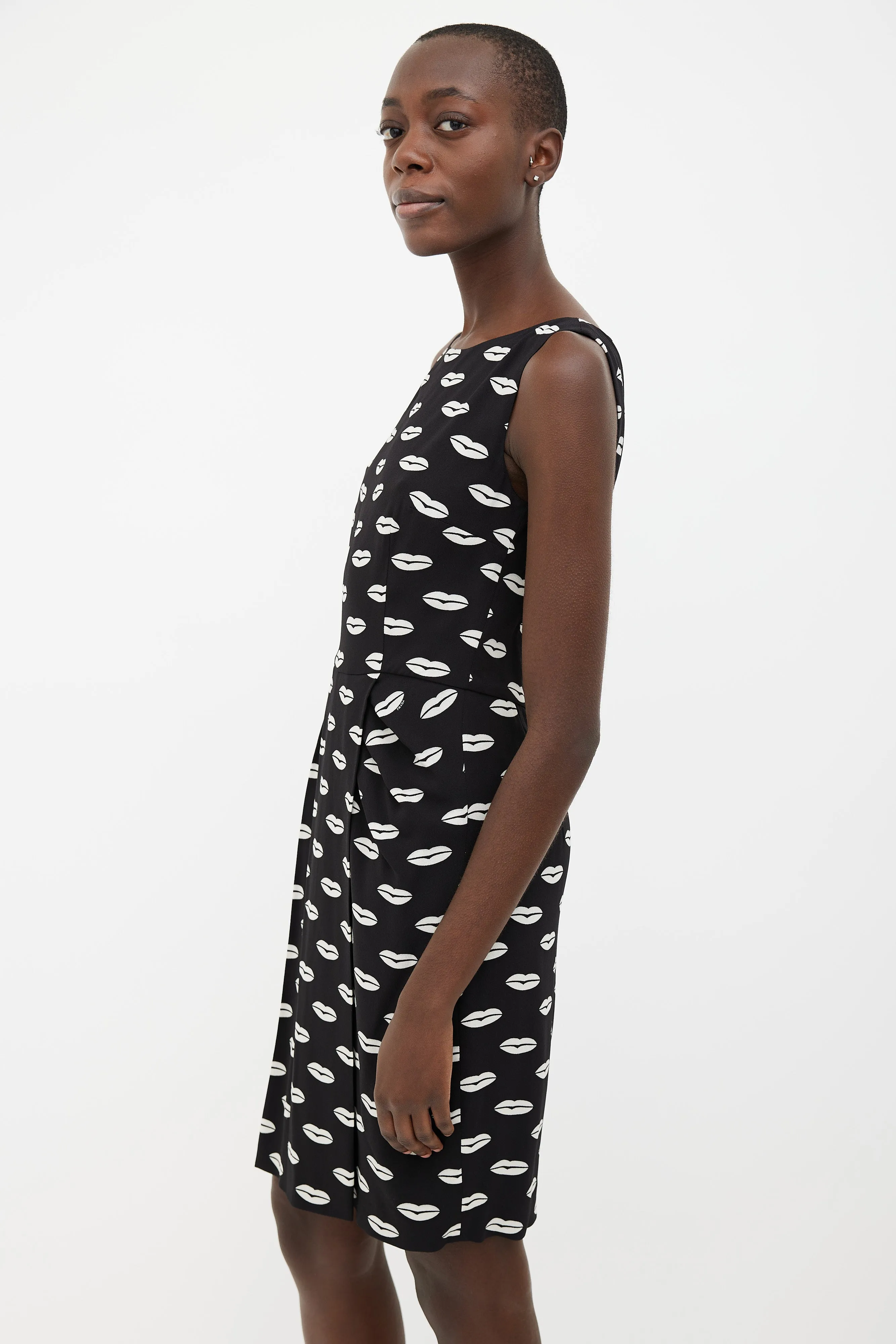 2011 Black & White Lips Print Sleeveless Dress