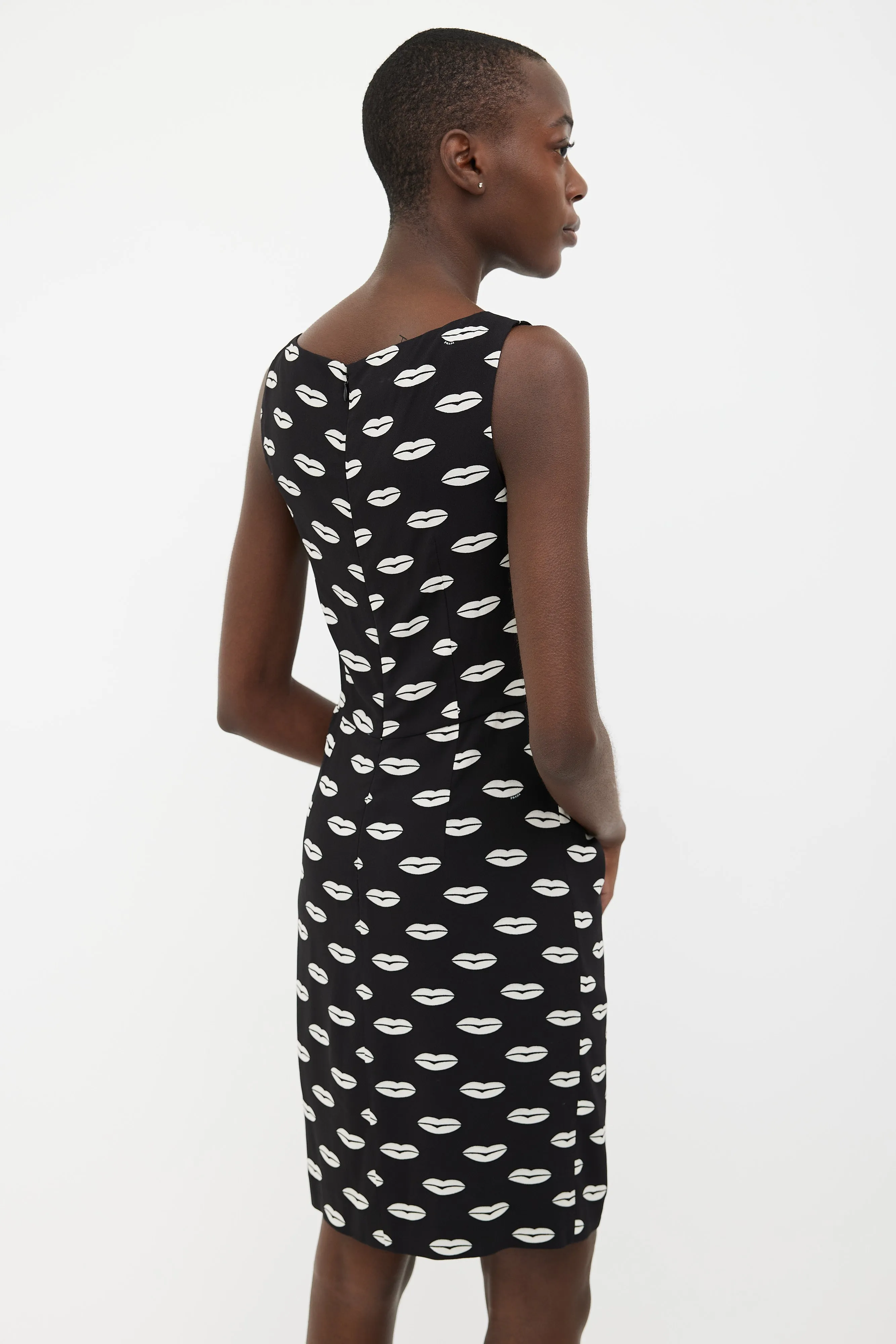 2011 Black & White Lips Print Sleeveless Dress