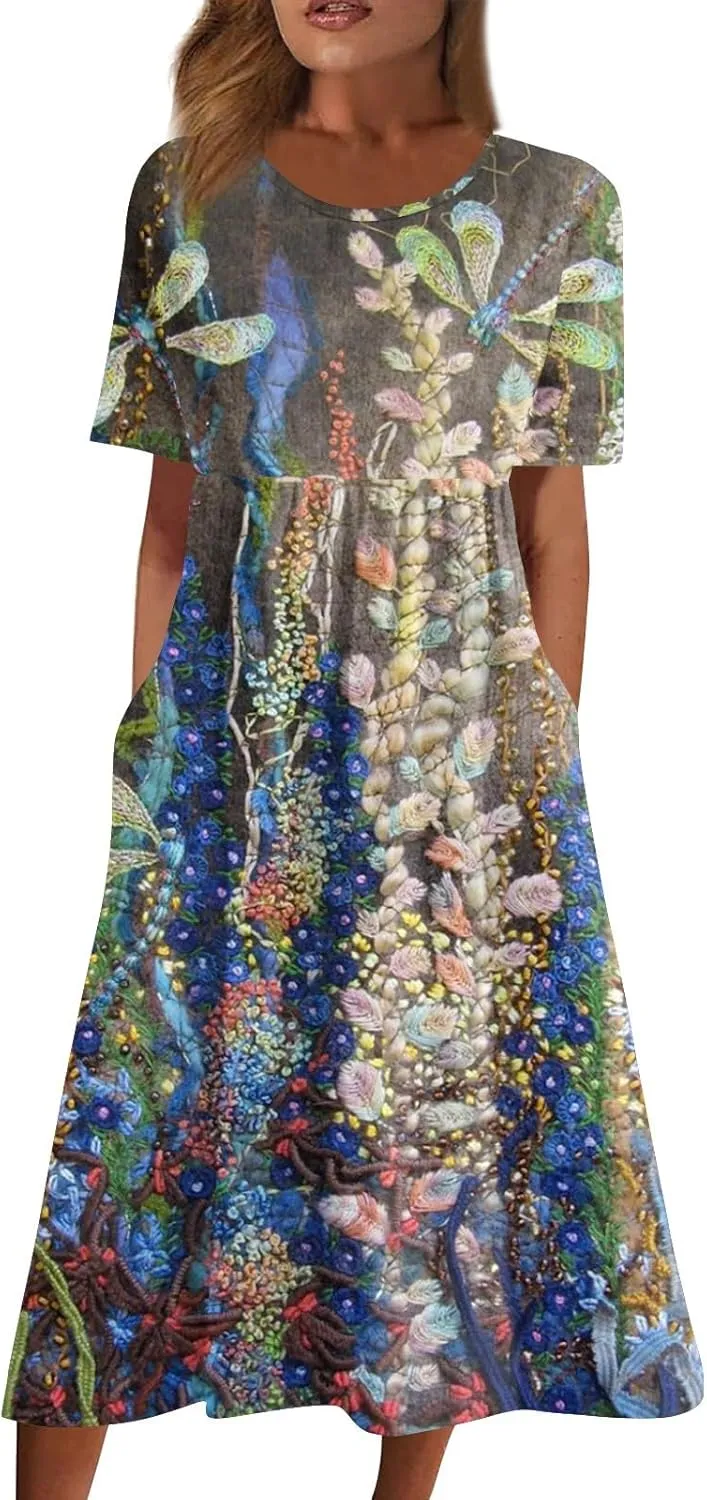 Below The Knee Short Sleeve Cover Up Ladies Dressy Classic Summer Super Soft Graphic Cotton Dress for Women.