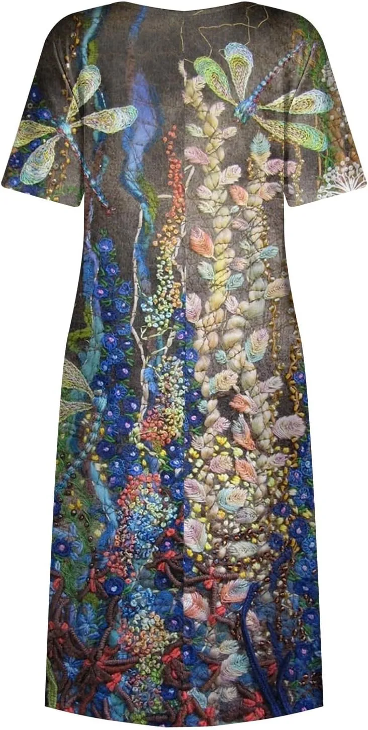 Below The Knee Short Sleeve Cover Up Ladies Dressy Classic Summer Super Soft Graphic Cotton Dress for Women.