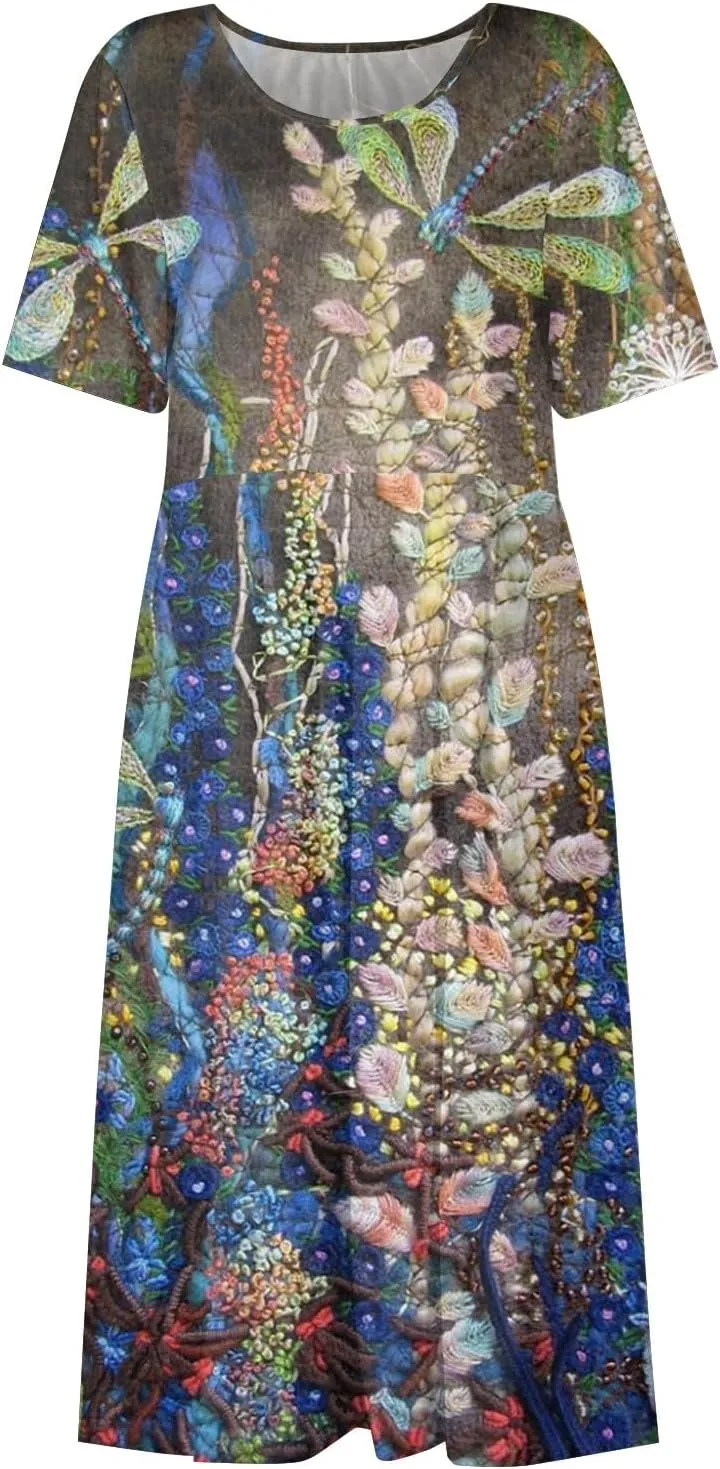 Below The Knee Short Sleeve Cover Up Ladies Dressy Classic Summer Super Soft Graphic Cotton Dress for Women.
