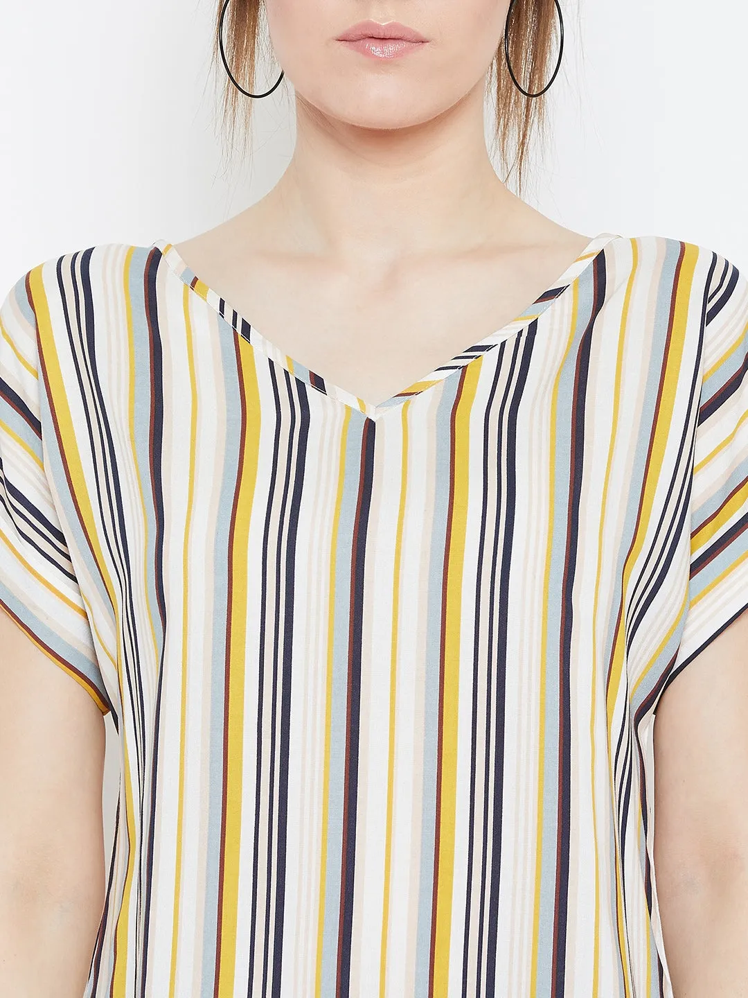 Berrylush Women White & Multicolour Striped Pattern V-Neck Woven Regular Top