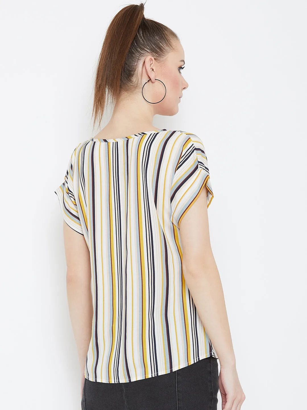 Berrylush Women White & Multicolour Striped Pattern V-Neck Woven Regular Top