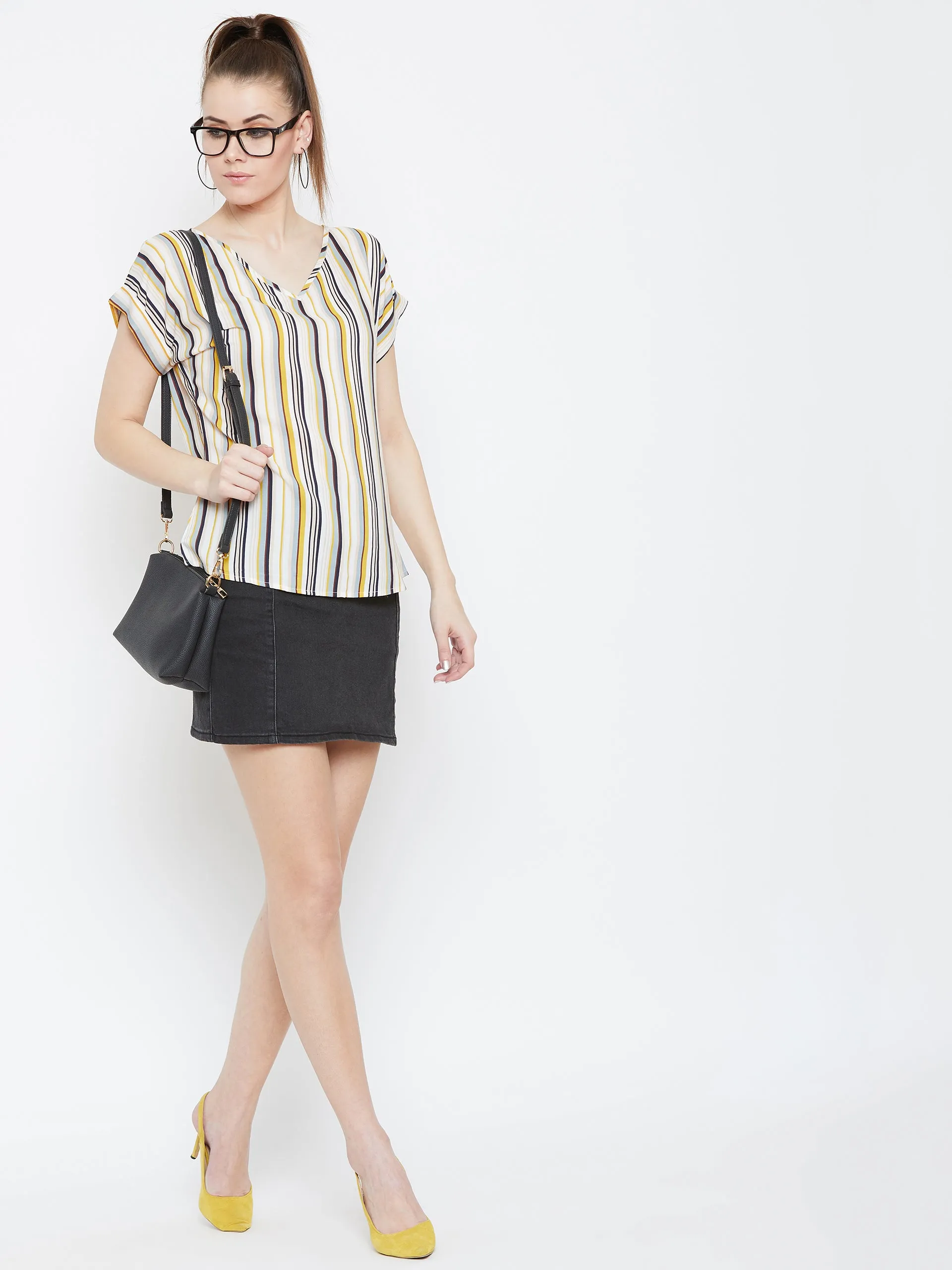 Berrylush Women White & Multicolour Striped Pattern V-Neck Woven Regular Top