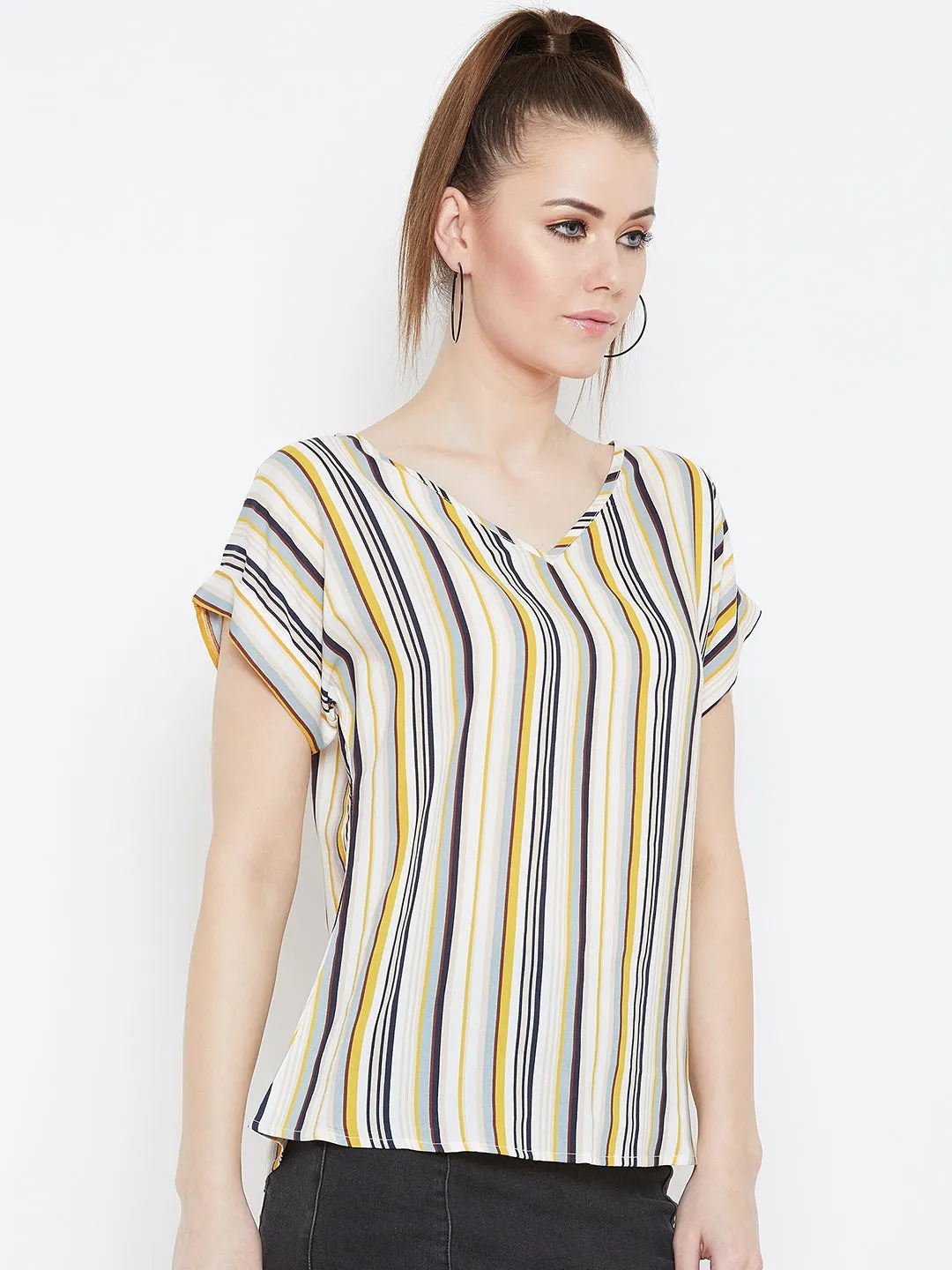 Berrylush Women White & Multicolour Striped Pattern V-Neck Woven Regular Top