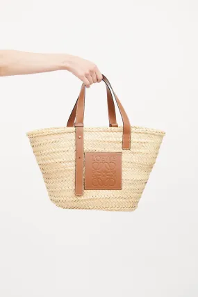 Brown Leather Logo Straw Tote Bag