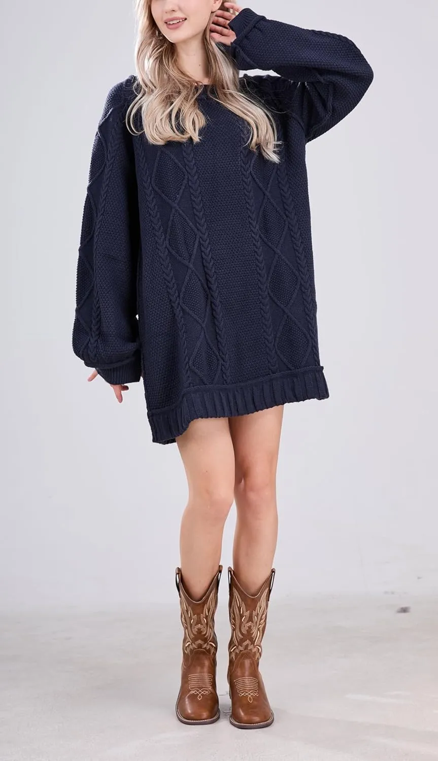 CHARTOU Women Chunky Cable Knit Sweater Slouchy Fit Balloon Long Sleeve Knitted Tunic Dress