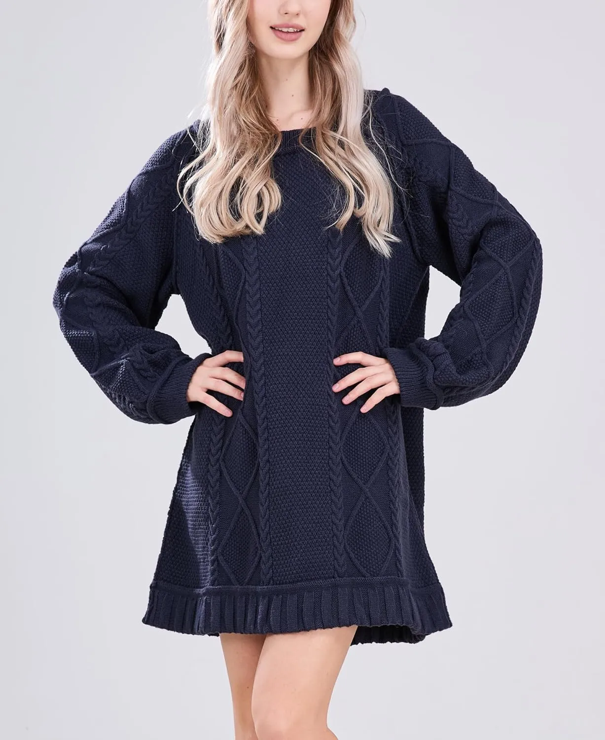 CHARTOU Women Chunky Cable Knit Sweater Slouchy Fit Balloon Long Sleeve Knitted Tunic Dress