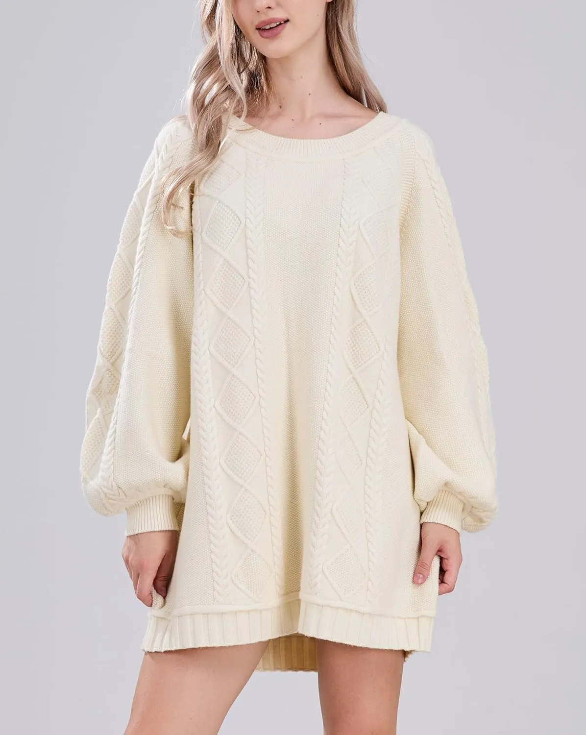 CHARTOU Women Chunky Cable Knit Sweater Slouchy Fit Balloon Long Sleeve Knitted Tunic Dress