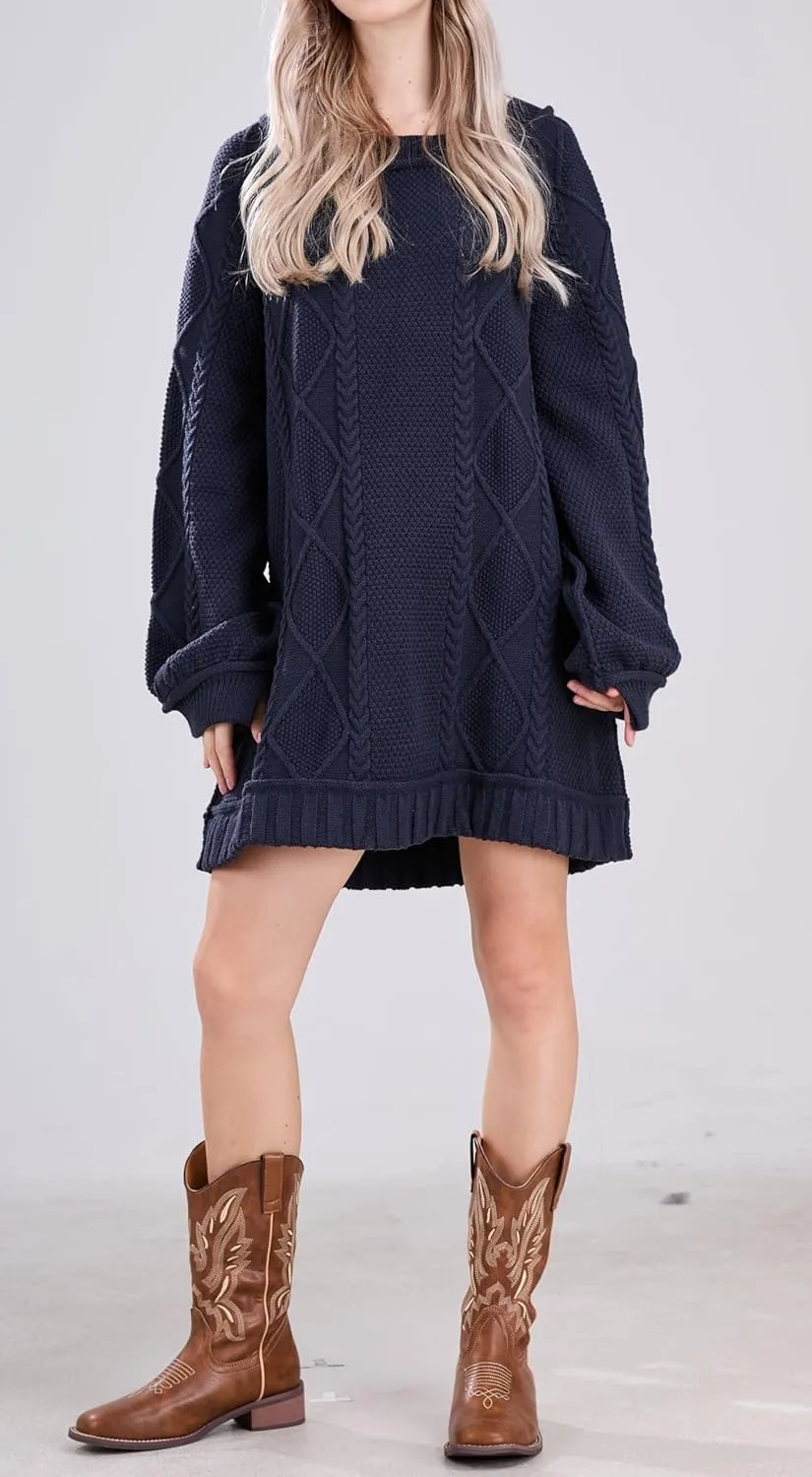 CHARTOU Women Chunky Cable Knit Sweater Slouchy Fit Balloon Long Sleeve Knitted Tunic Dress