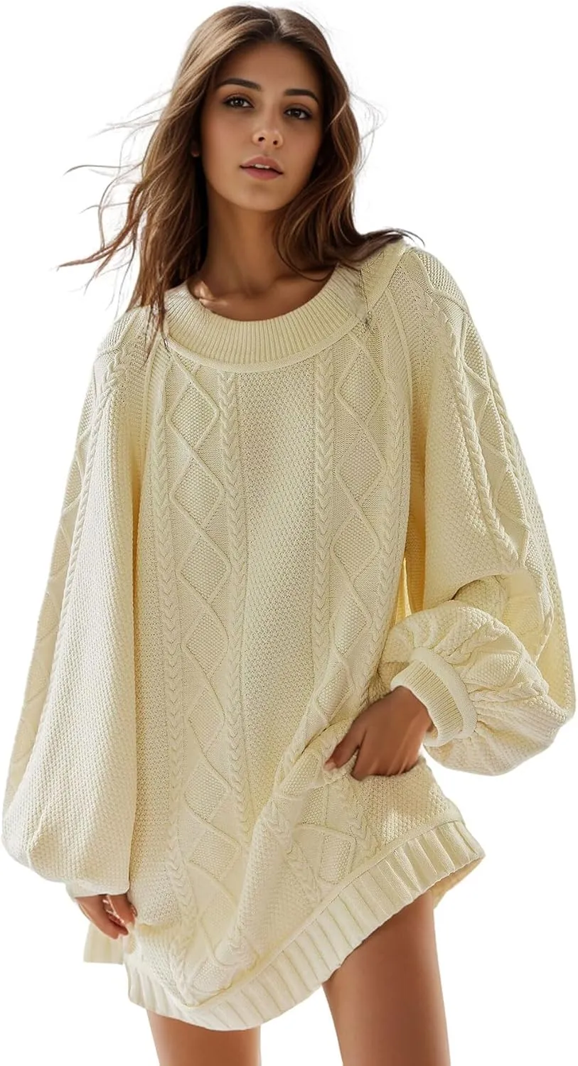 CHARTOU Women Chunky Cable Knit Sweater Slouchy Fit Balloon Long Sleeve Knitted Tunic Dress