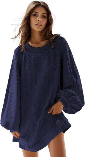 CHARTOU Women Chunky Cable Knit Sweater Slouchy Fit Balloon Long Sleeve Knitted Tunic Dress