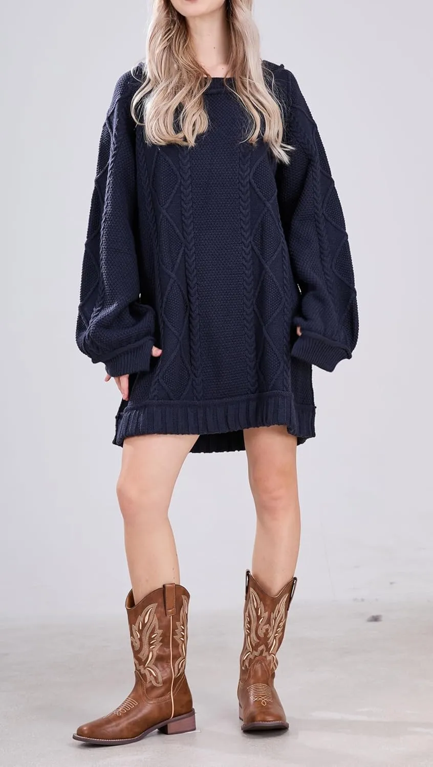 CHARTOU Women Chunky Cable Knit Sweater Slouchy Fit Balloon Long Sleeve Knitted Tunic Dress
