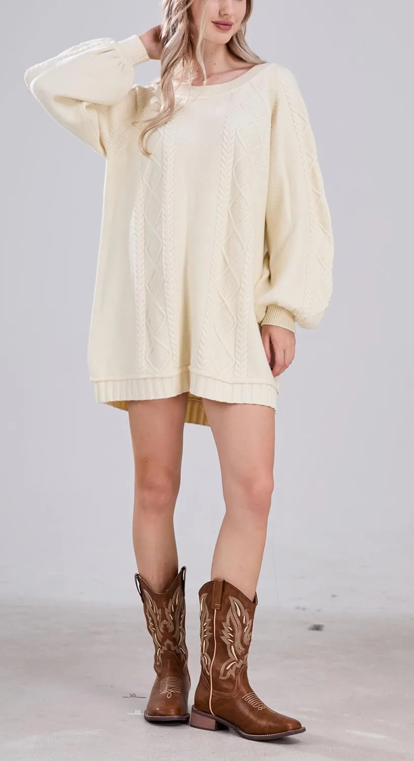 CHARTOU Women Chunky Cable Knit Sweater Slouchy Fit Balloon Long Sleeve Knitted Tunic Dress