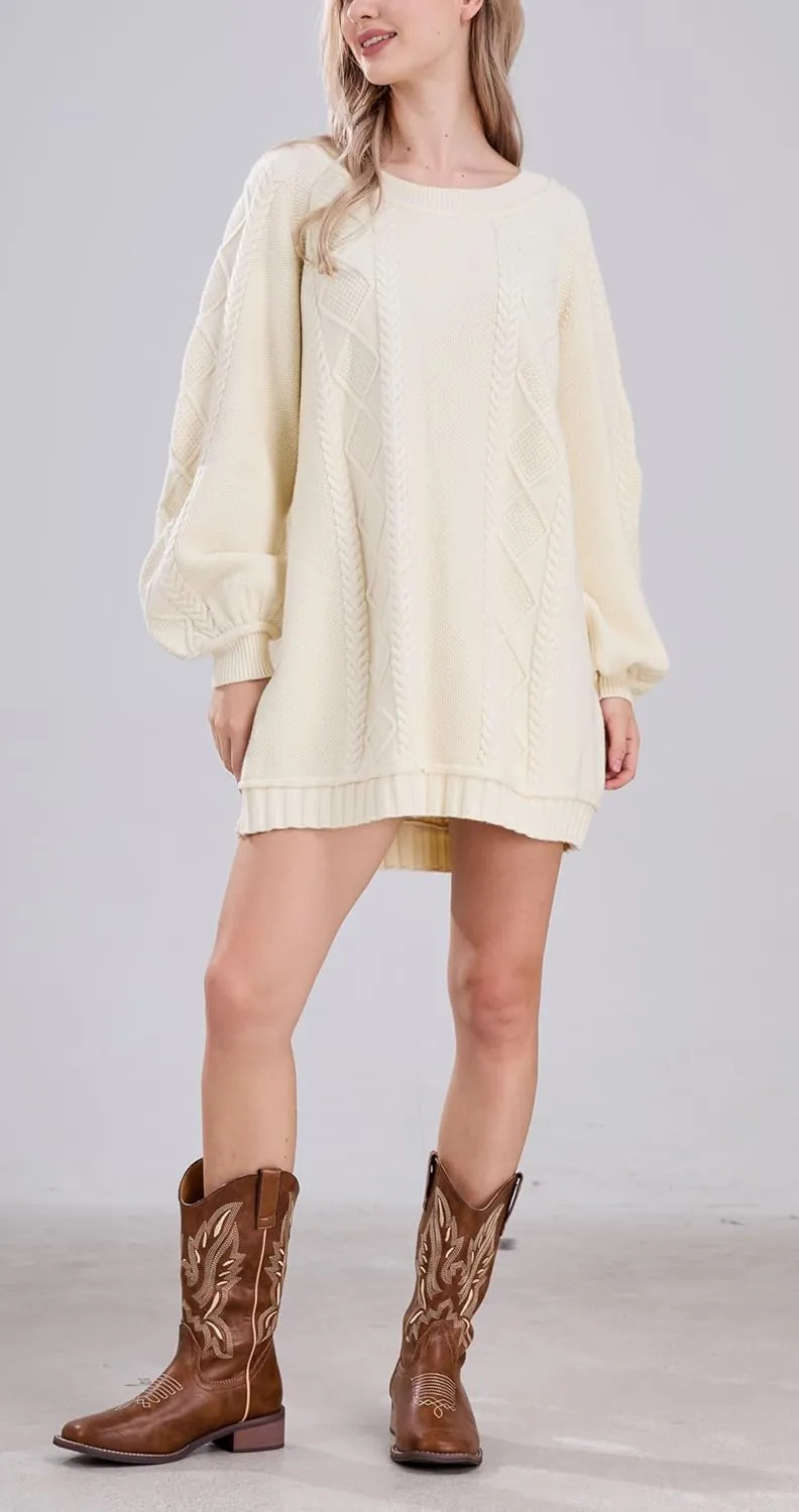 CHARTOU Women Chunky Cable Knit Sweater Slouchy Fit Balloon Long Sleeve Knitted Tunic Dress