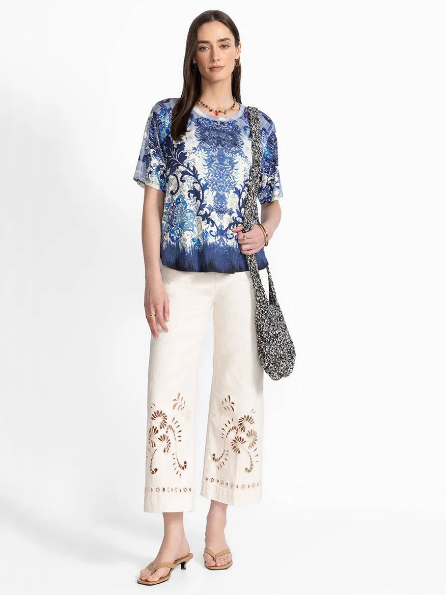 Johnny Was Janie Favorite Oversized Cropped Tee in Denim Lace Scarf