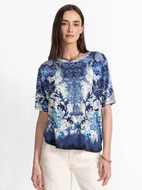 Johnny Was Janie Favorite Oversized Cropped Tee in Denim Lace Scarf