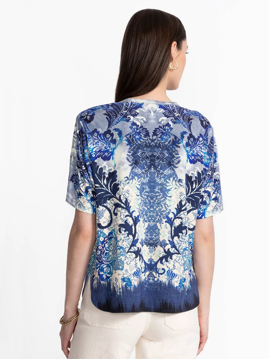 Johnny Was Janie Favorite Oversized Cropped Tee in Denim Lace Scarf