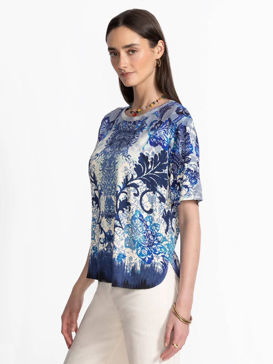 Johnny Was Janie Favorite Oversized Cropped Tee in Denim Lace Scarf