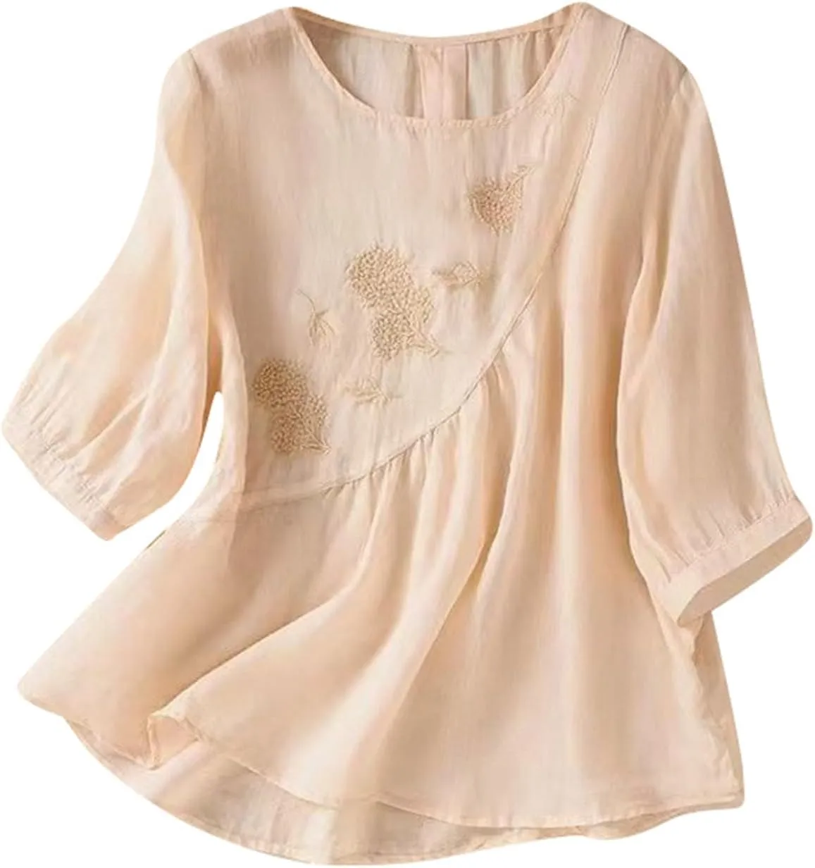 Linen Shirts for Women Crewneck Retro Blouses Boho Summer Tee Shirt Long Sleeve Loose Tunic Tops