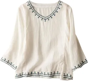 Linen Shirts for Women Crewneck Retro Blouses Boho Summer Tee Shirt Long Sleeve Loose Tunic Tops