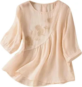 Linen Shirts for Women Crewneck Retro Blouses Boho Summer Tee Shirt Long Sleeve Loose Tunic Tops