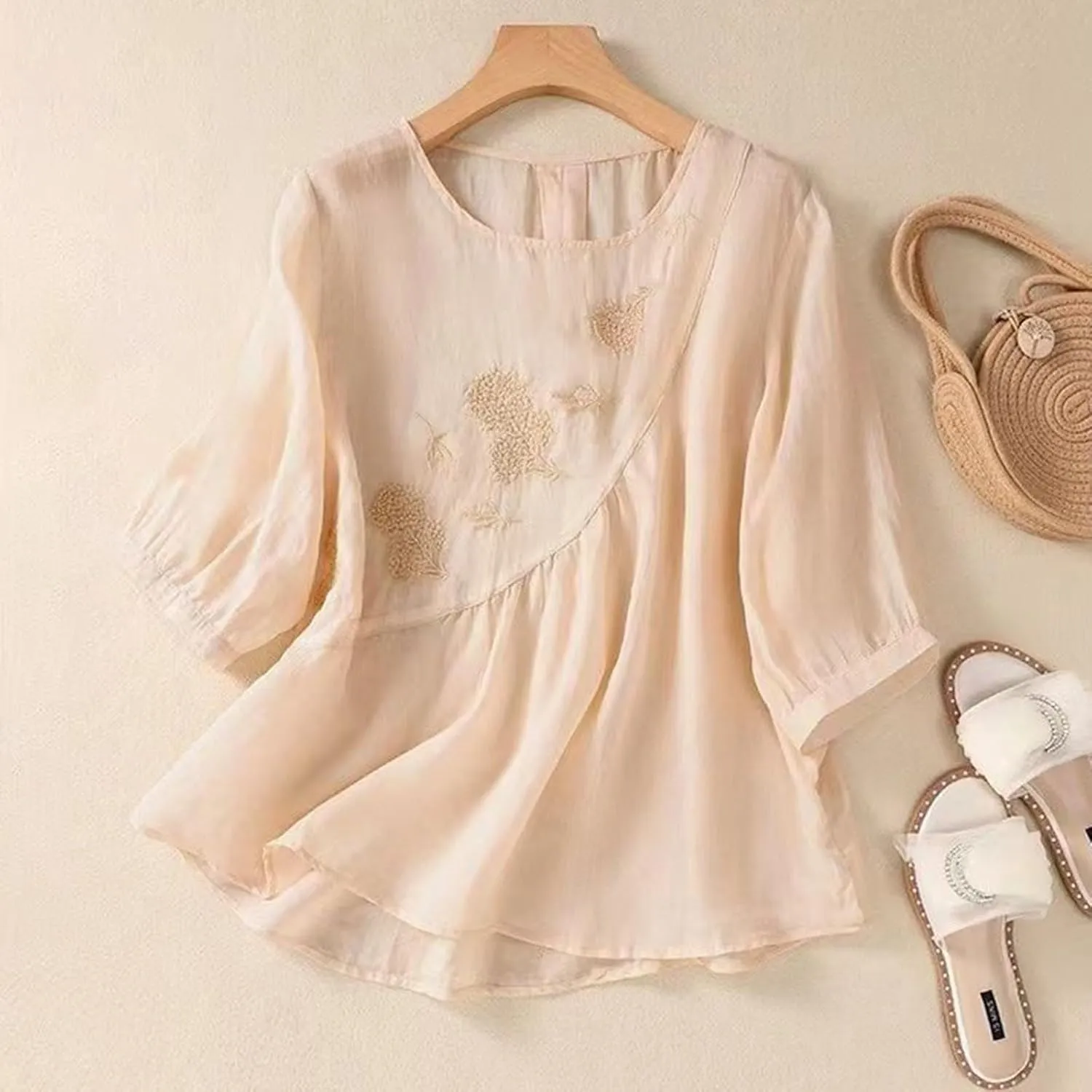 Linen Shirts for Women Crewneck Retro Blouses Boho Summer Tee Shirt Long Sleeve Loose Tunic Tops