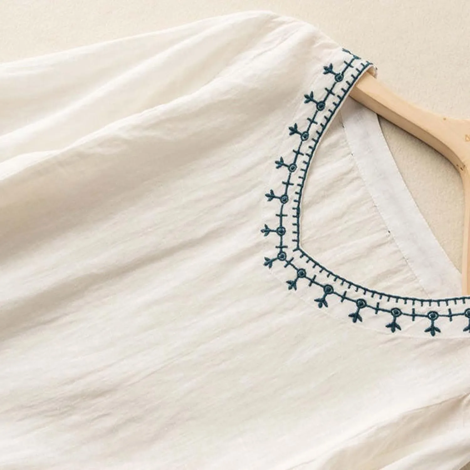 Linen Shirts for Women Crewneck Retro Blouses Boho Summer Tee Shirt Long Sleeve Loose Tunic Tops