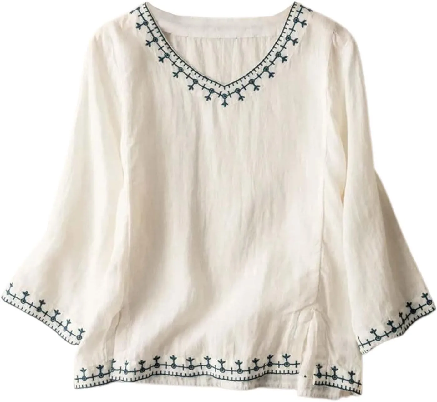 Linen Shirts for Women Crewneck Retro Blouses Boho Summer Tee Shirt Long Sleeve Loose Tunic Tops