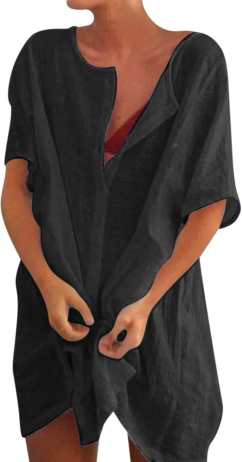 Linen Shirts for Women V Neck Button Blouses Boho Summer Tee Tops Long Sleeve Loose Shirts