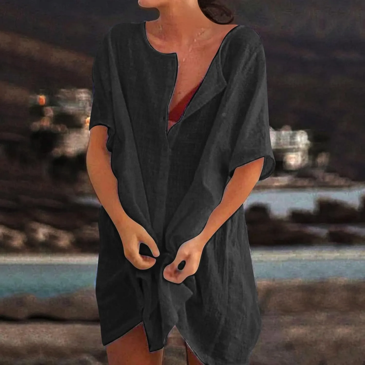 Linen Shirts for Women V Neck Button Blouses Boho Summer Tee Tops Long Sleeve Loose Shirts