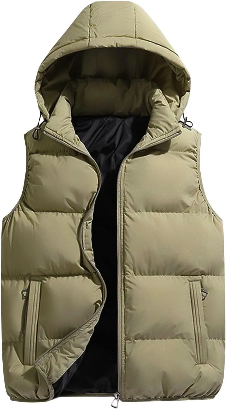Lmdudan Men's Quilted Puffer Vest Thicken Warm Winter Coat with Hood 2024 Fashion Sleeveless Casual Zip Up Jacket Outerwear