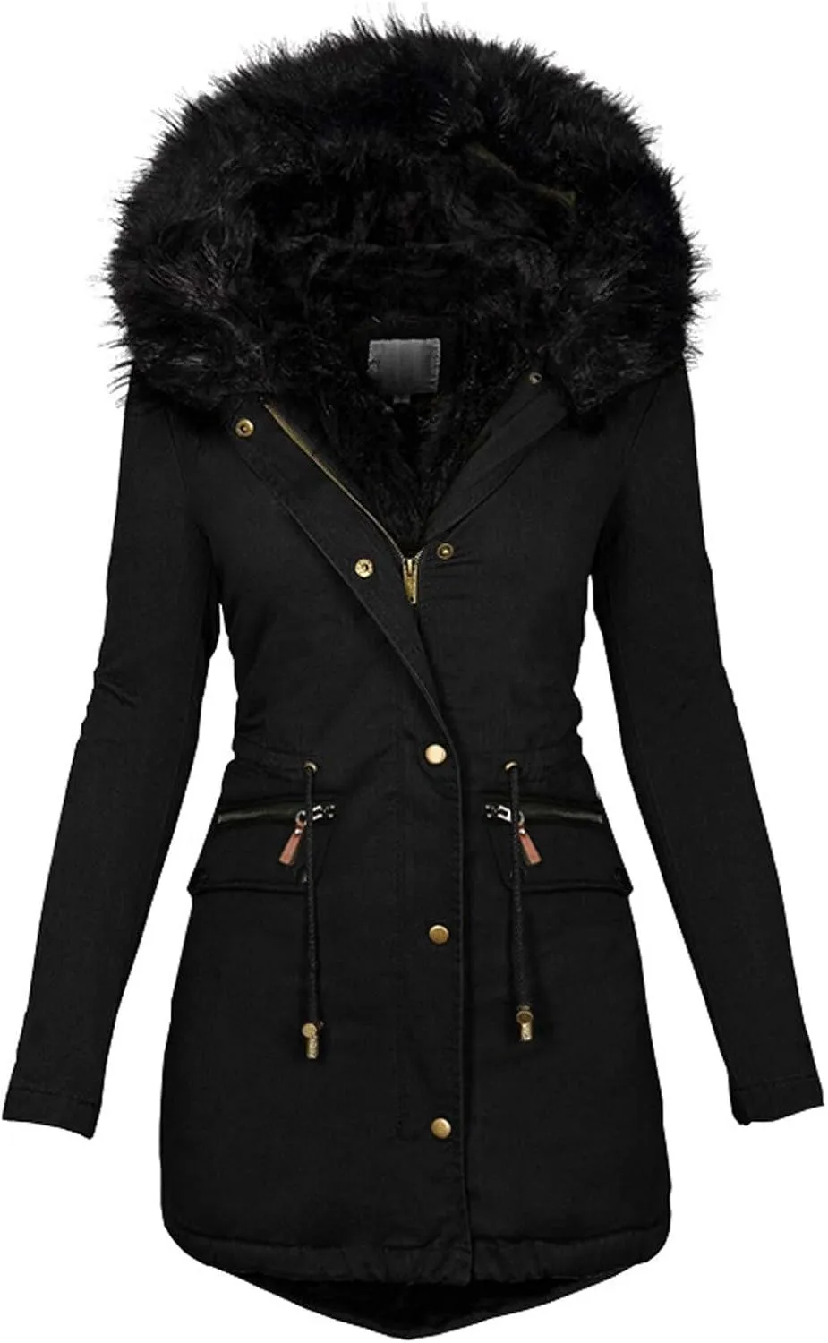 Long Winter Coat with Hood Slim Casual Thicker Fashion Women'S Coat Long Sleeve Full Zip Womens Clothing Black