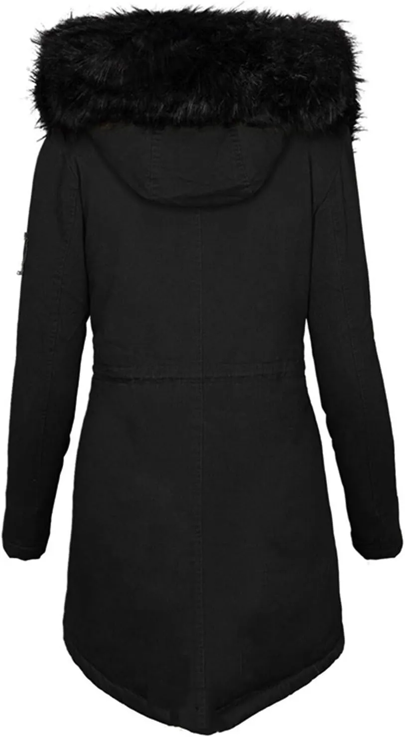Long Winter Coat with Hood Slim Casual Thicker Fashion Women'S Coat Long Sleeve Full Zip Womens Clothing Black