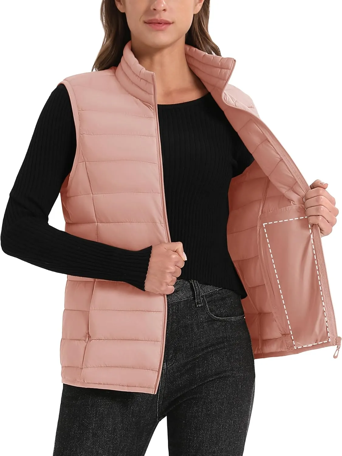 MAGCOMSEN Women's Puffer Vest Lightweight Stand Collar Zip 4 Pockets Puffy Vests Sleeveless Quilted Padded Outerwear