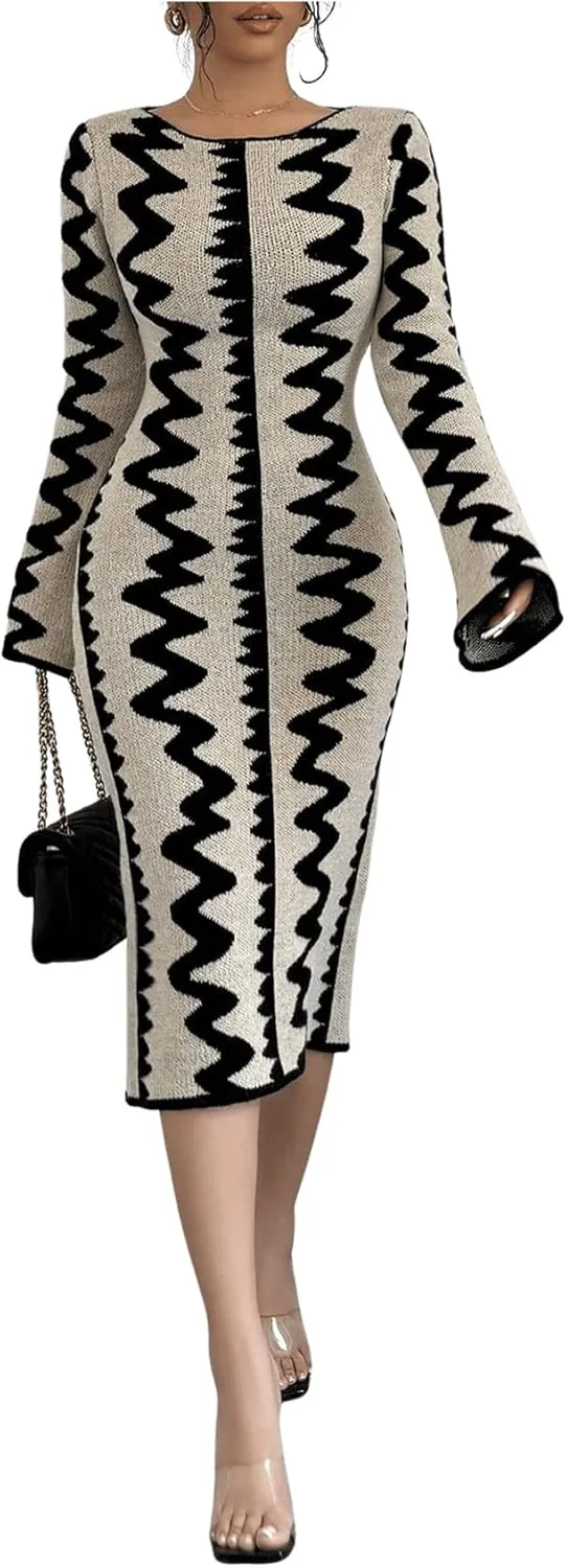 MakeMeChic Women's Graphic Long Sleeve Sweater Dress Bodycon Midi Dresses