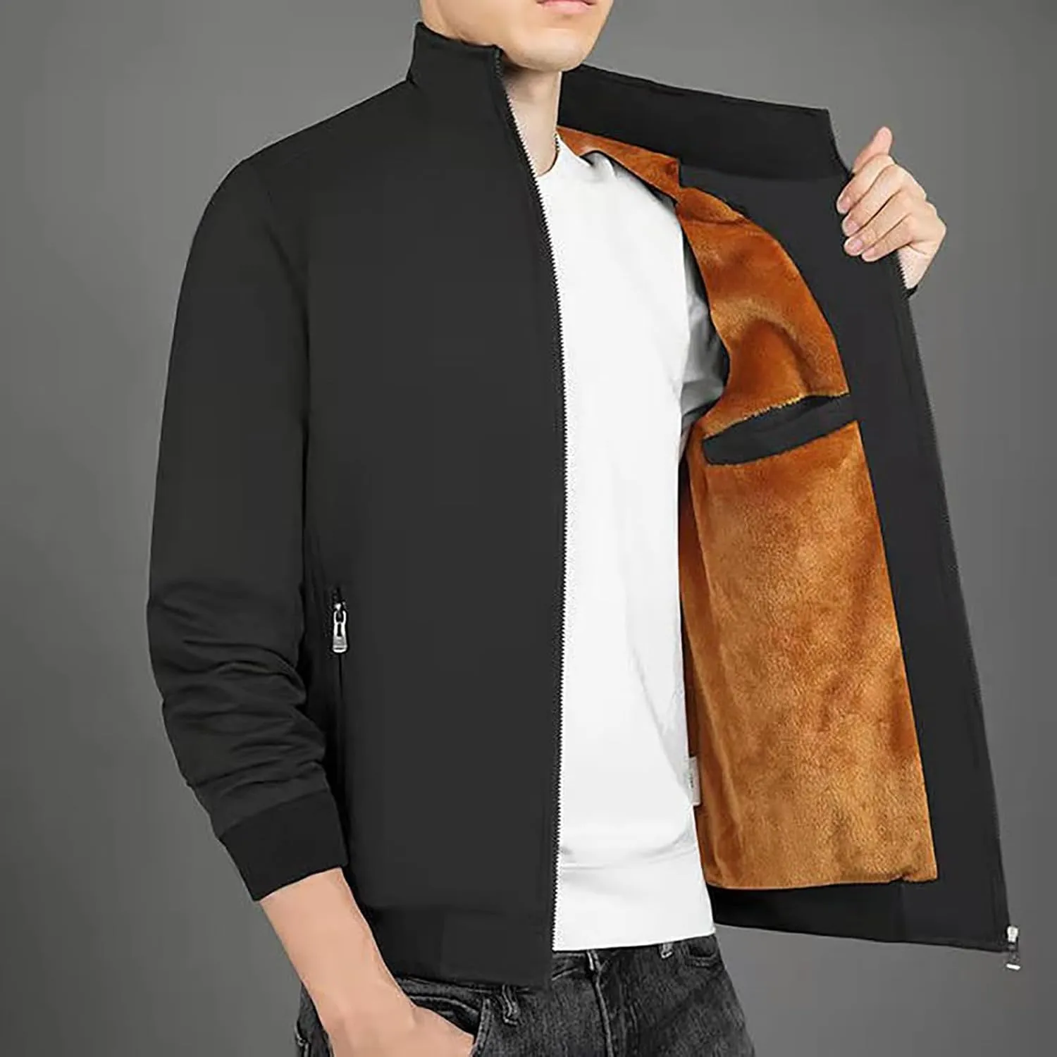Mens Fashion Plush Thick Jacket Winter Fleece Lined Warm Coat Stand Collar Zip Up Sherpa Parka Work Cargo Windbreaker