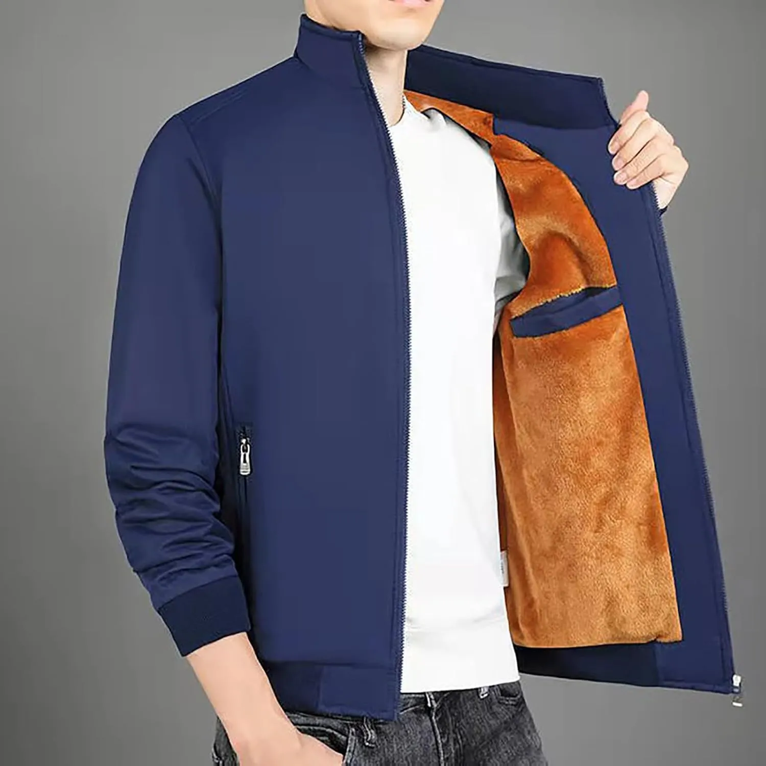 Mens Fashion Plush Thick Jacket Winter Fleece Lined Warm Coat Stand Collar Zip Up Sherpa Parka Work Cargo Windbreaker