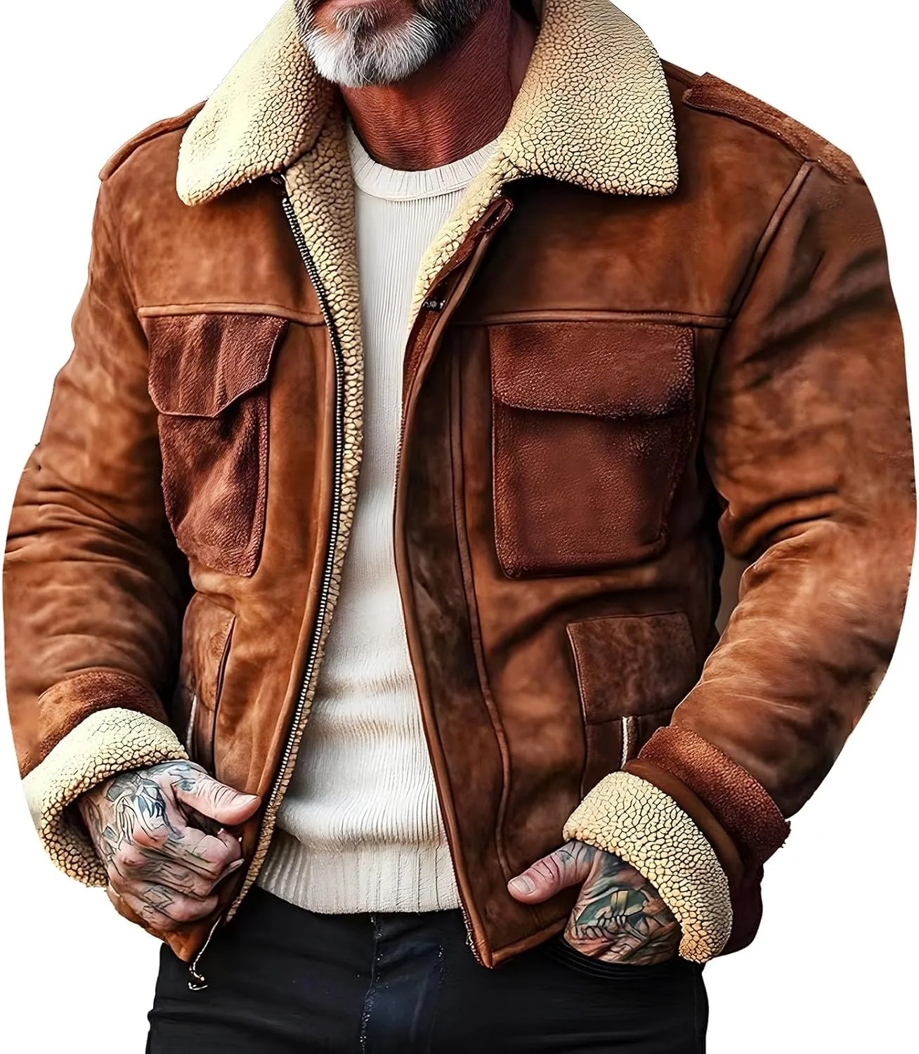 Mens Sherpa Lined Faux Suede Jacket Winter Heavyweight Zip Up Plush Reversed Collar Trucker Jacket Flight Bomber Coats