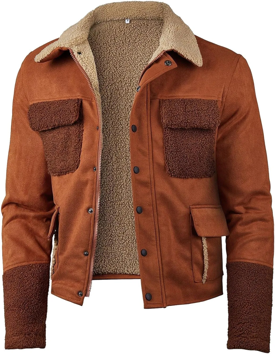 Mens Sherpa Lined Faux Suede Jacket Winter Heavyweight Zip Up Plush Reversed Collar Trucker Jacket Flight Bomber Coats
