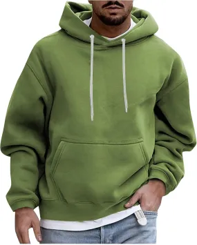 Men's Solid Color Plush Warm Hoodies Fleece Casual Pullover Pocket Autumn Winter Sweatshirt Coat