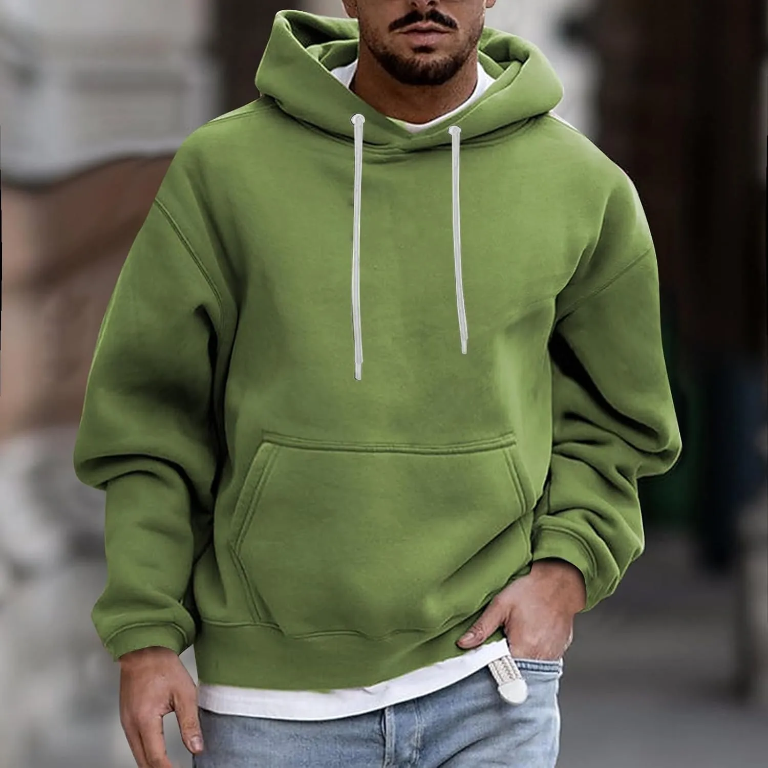 Men's Solid Color Plush Warm Hoodies Fleece Casual Pullover Pocket Autumn Winter Sweatshirt Coat