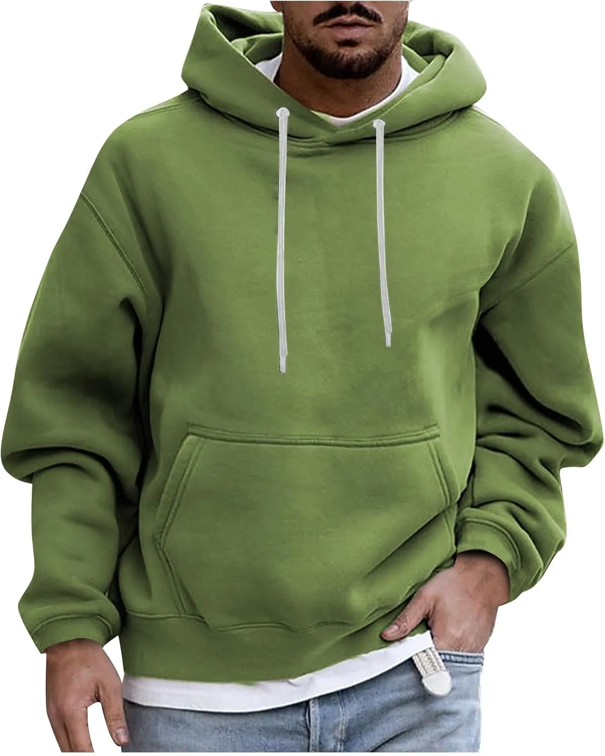 Men's Solid Color Plush Warm Hoodies Fleece Casual Pullover Pocket Autumn Winter Sweatshirt Coat