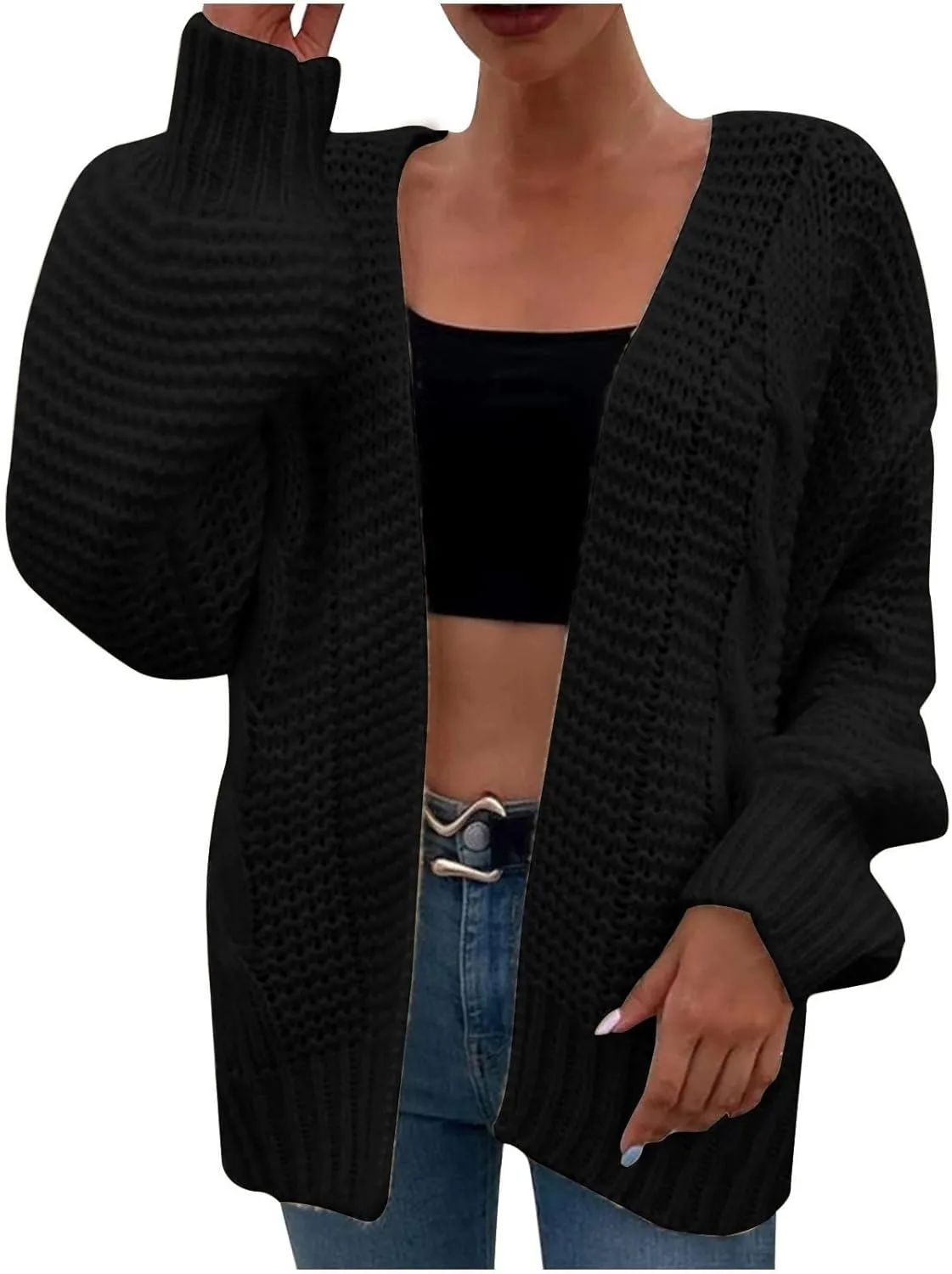 Oversized Cardigan Sweater Women Lightweight Cable Knit Open Front Cardigan Baggy Lantern Sleeve Chunky Sweaters Coat
