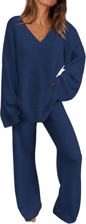 PRETTYGARDEN Women's 2 Piece Pullover Sweater Set Oversized V Neck Top Wide Leg Pants Fall Winter Fuzzy Lounge Outfit