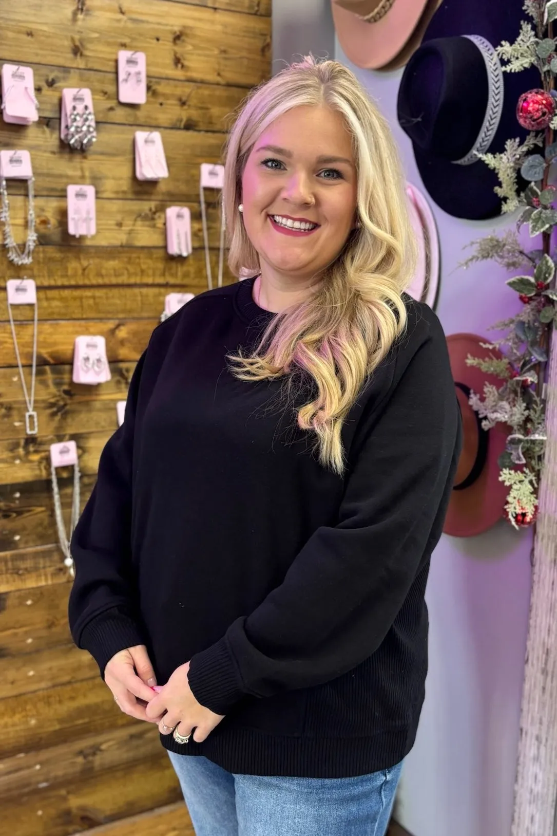 RUTH Fleece Round Neck Sweatshirt- Black