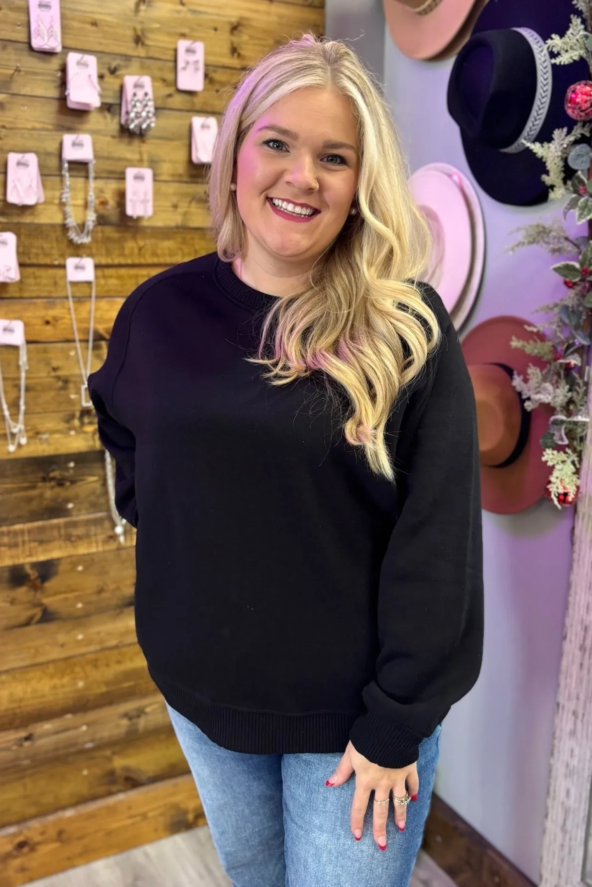 RUTH Fleece Round Neck Sweatshirt- Black