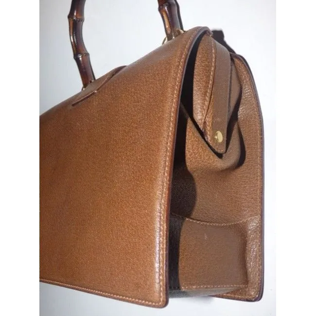 SALE! Gucci Brown Leather Square Satchel w Bamboo Handle- Very RARE!