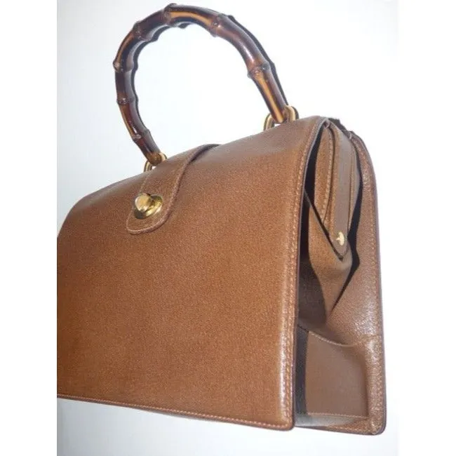 SALE! Gucci Brown Leather Square Satchel w Bamboo Handle- Very RARE!