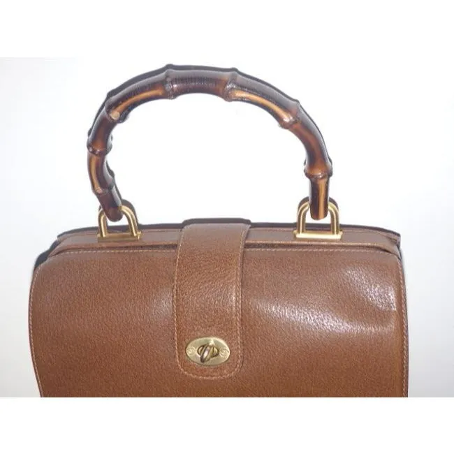 SALE! Gucci Brown Leather Square Satchel w Bamboo Handle- Very RARE!